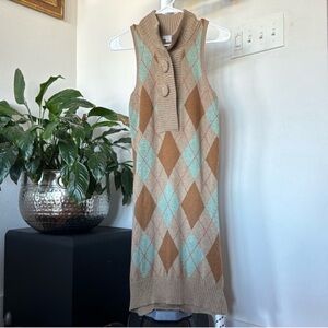 To The Max Knit Argyle Mock Sleeveless Dress Sz XS Stretchy Diamond Pattern Snap